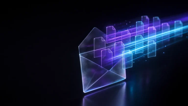 Glazen envelop waaruit documenten in geordende lichtbanen stromen